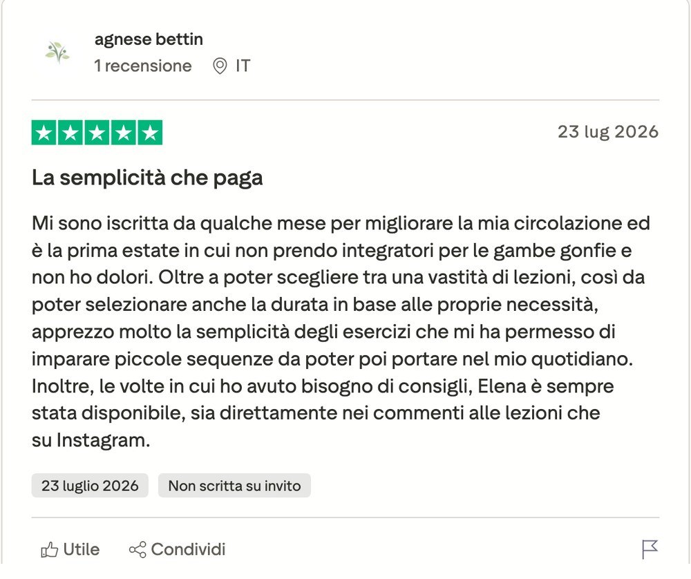 Recensione Trustpilot di Agnese, 5 stelle: prima estate senza gambe gonfie e senza dolori