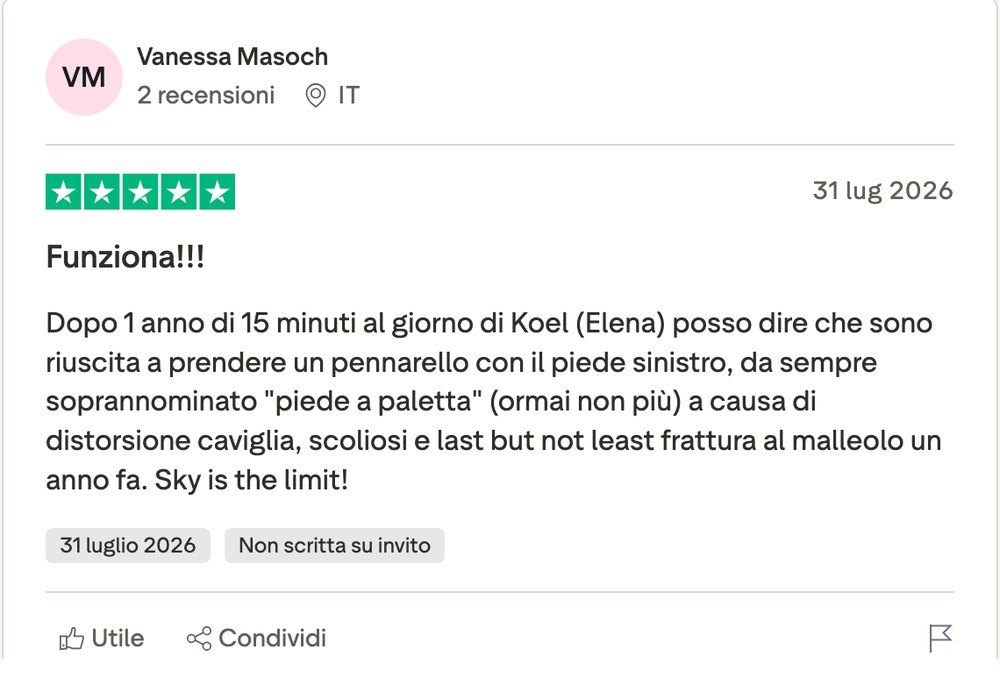 Recensione Trustpilot di Vanessa, 5 stelle: dopo un anno di 15 minuti al giorno muove il piede come non faceva più